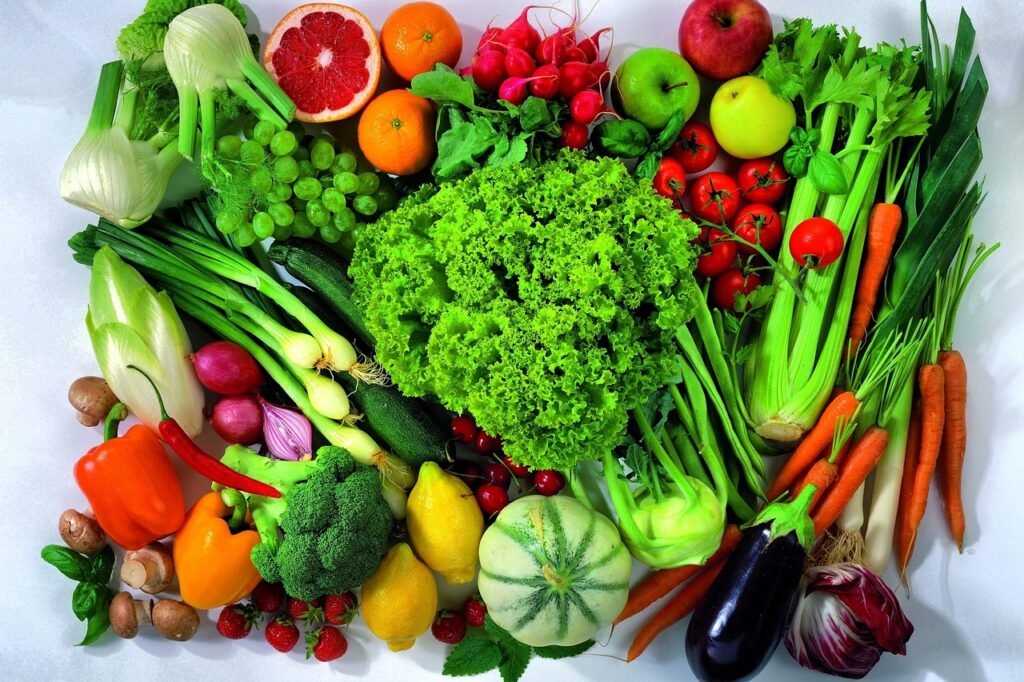 fresh fruits and vegetables, healthy, vegan food